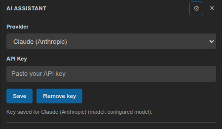 Lamied AI settings with a Provider menu, API Key field, and Save button.