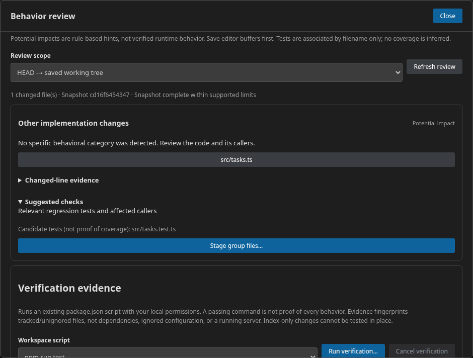 The Behavior review dialog showing saved changes, suggested checks, staging controls, and workspace verification.