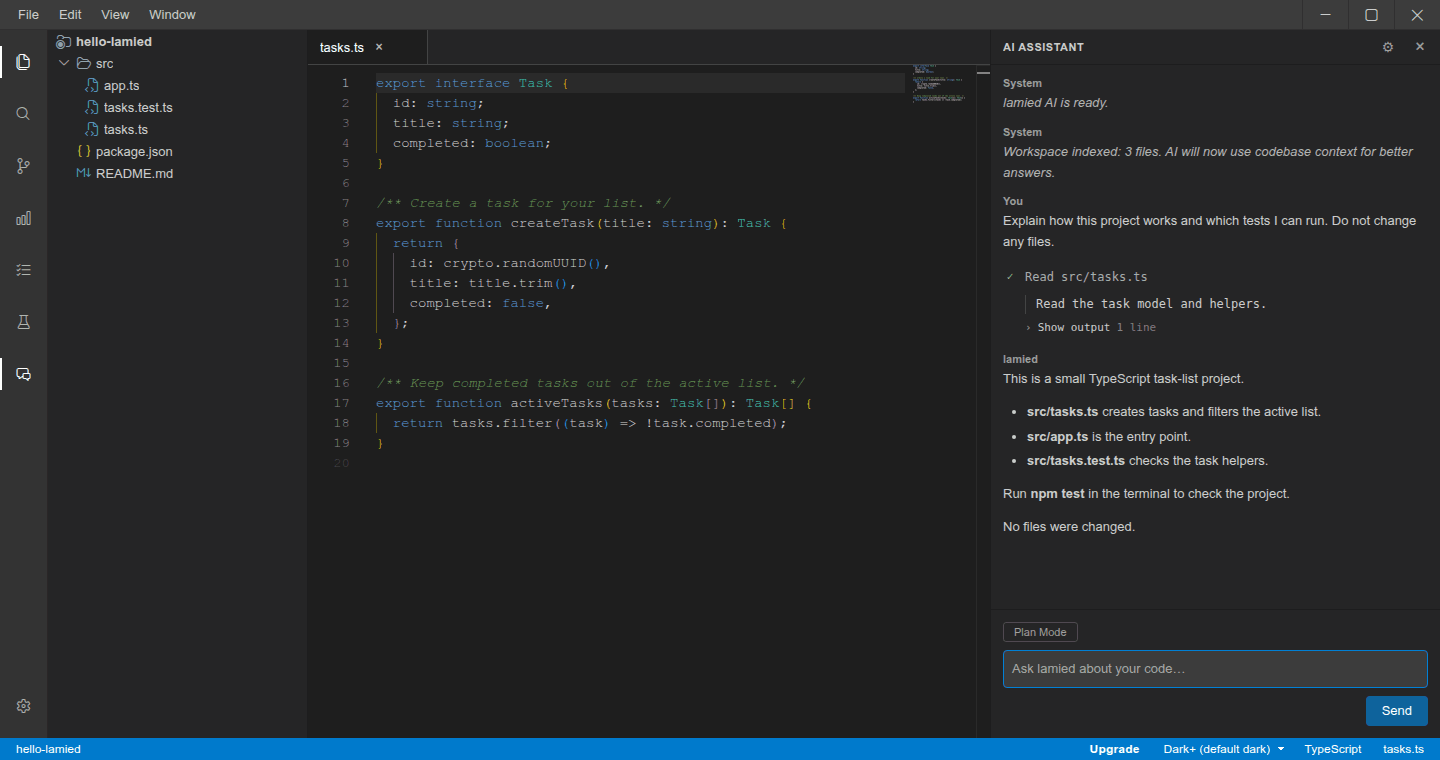 Lamied showing the hello-lamied project in Explorer, a TypeScript file in the editor, and the AI Assistant explaining the project.