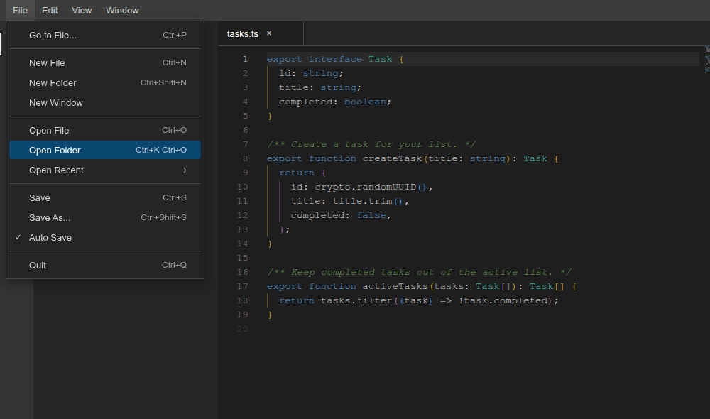 The File menu in Lamied with Open Folder highlighted, beside the example project's files and TypeScript editor.